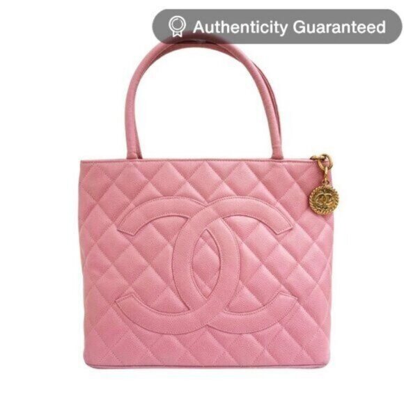 Authentic CHANEL Caviar Leather Medallion Tote Quilted Shoulder Bag Pink Purse - Picture 1 of 11